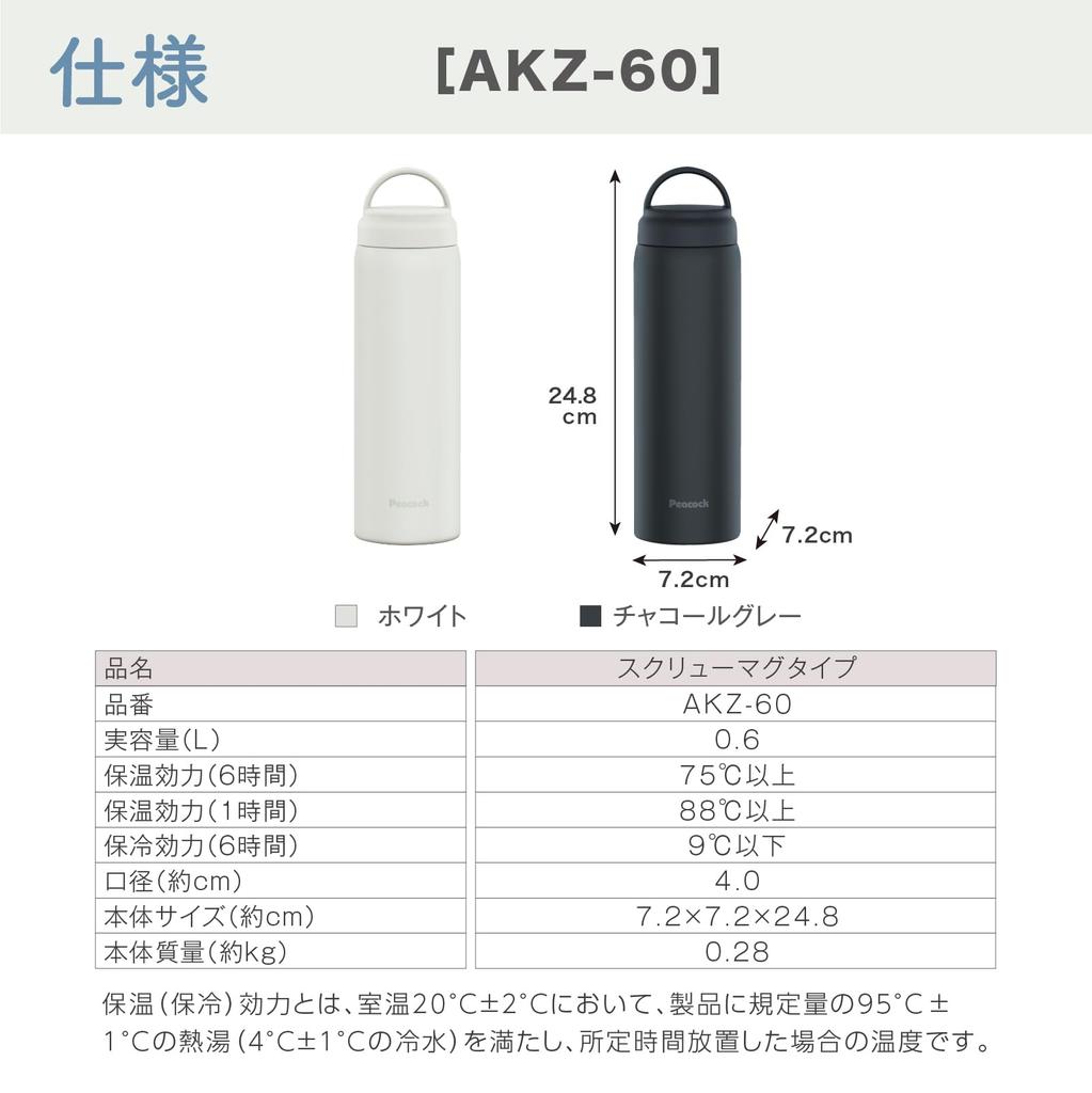 Peacock Thermos Screw-On Mug, White, 600ml, with Handle for Easy Carrying. Keeps Drinks Hot or Cold with This Lightweight Thermos. Perfect for