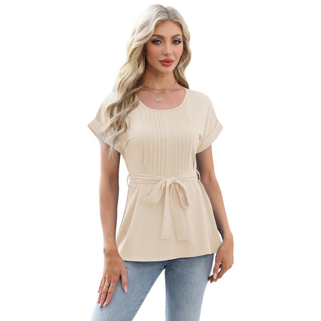 European and American Fashion Spring and Summer Casual Shirt Ruffled Round Neck Women's Short-sleeved Top