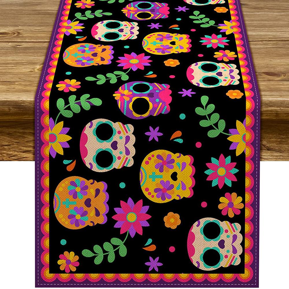 Skull Flowers Tablecloth Waterproof Dining Table Mat Day Of The Dead Tablecloth Day Of The Dead Table Decoration For Dining Room