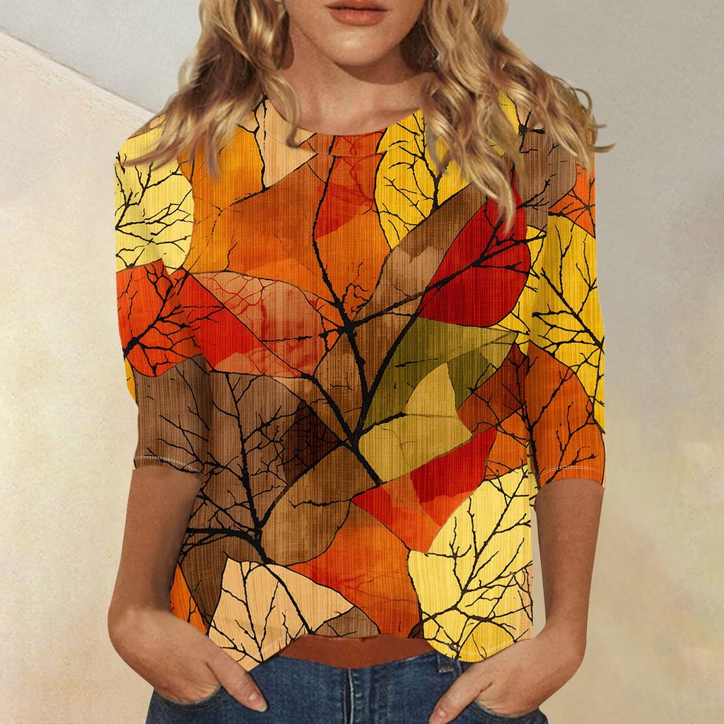 Women's Fashion 3/4 Sleeve Round Neck Top with Maple Leaf Print for Casual Wear