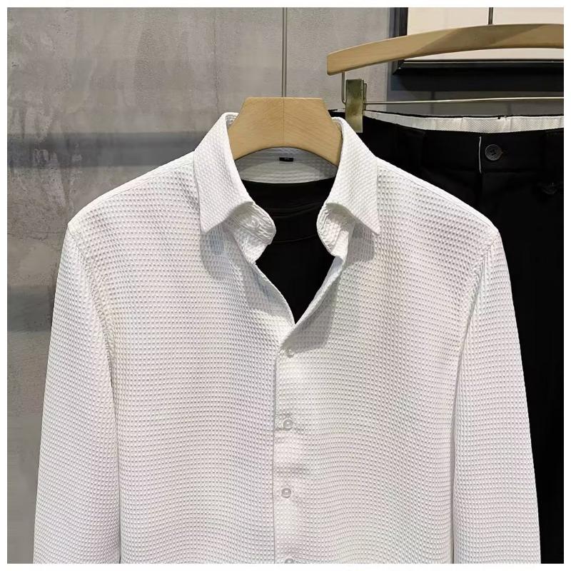 Men's Waffle Knit Long Sleeve Shirt Casual Button Down Streetwear Top
