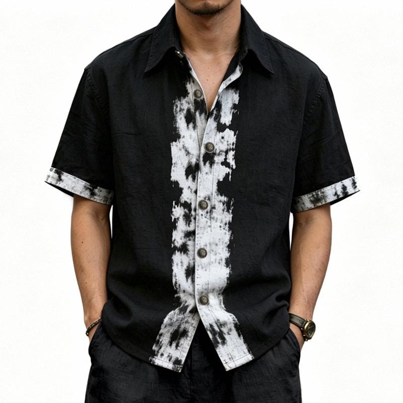 Men s Vintage Wash Linen Blend Short Sleeve Shirt Casual Beige Button Down Top S чёрный