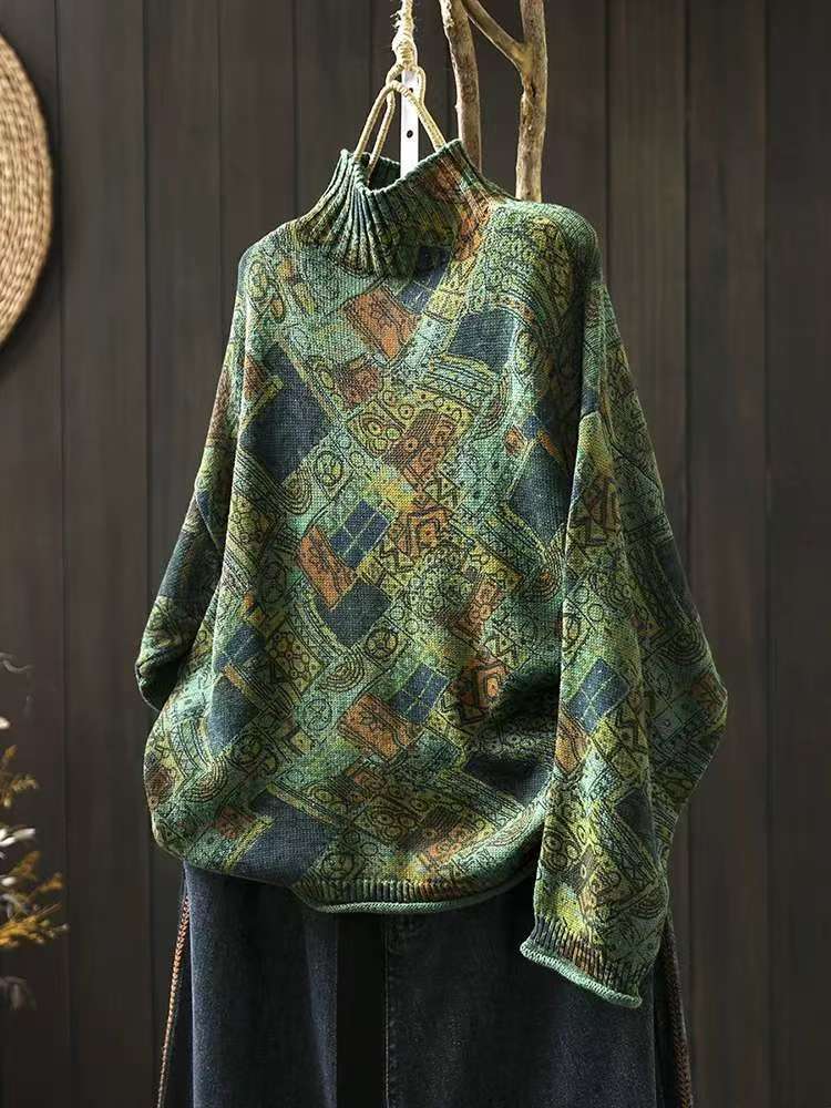 

Нишевый принт с воротником-стойкой и длинными рукавами винтажный свитер женский зимний свободный ретро-свитер One Size зелёный