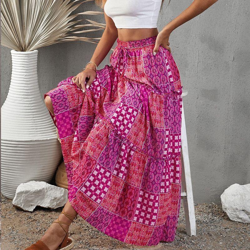 

Fashion Vacation Style Bohemia Retro Ethnic Print Tight Waist Summer Women s Skirt Large Swing Beach Dress Fuchsia XL