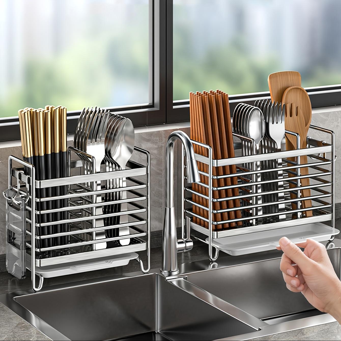

No-Drill Wall-Mounted Utensil Holder. Stainless Steel Space-Saving Organizer for Kitchen Cutlery, Ideal for Small Spaces. 2-tier срібний