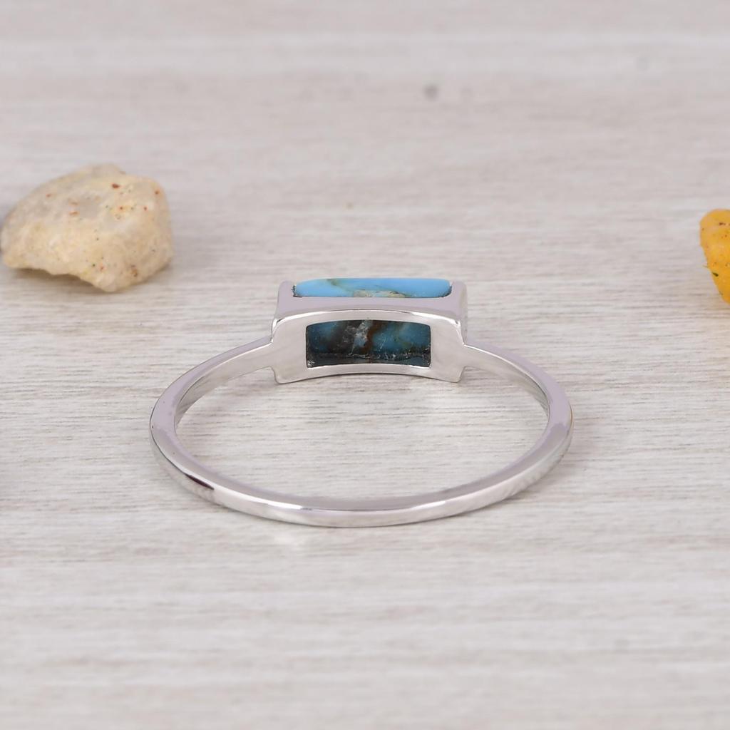 Natural Turquoise Bar Ring 925 Sterling Silver, Minimalist Turquoise Ring, Dainty Stacking Ring, Handmade Jewelry Gift.
