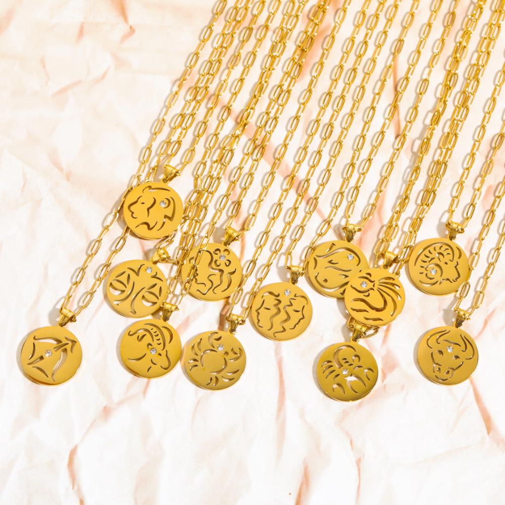 Minimalist 12 Constellations Stainless Steel Pendant Necklace - Hollow Round Sweater Chain