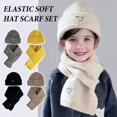 2 Adet/Set Çocuk Şapka Atkı Seti Düz Renk Kalp Desenli Kalınlaştırılmış Sıcak Örgü Şapka Uzun Atkı Seti Esnek Kesim Kışlık Giyim
