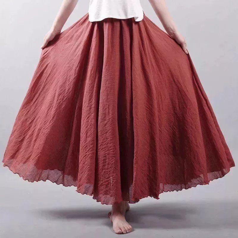 Boho Beach Women's Skirt Linen Cotton Blend Elastic Waist Long Pleated Maxi, Vintage Summer Casual Skirt Faldas Saia