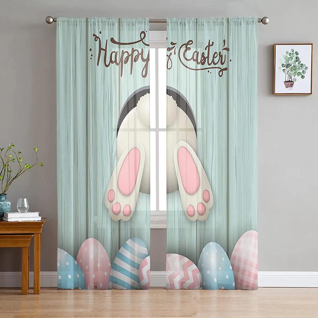 Easter Bunny Tail Wood Curtain Colorful Eggs Happy Transparent Voile Curtains Living Dining Room Bedroom Drapes Light Filtering For Sleeping Area