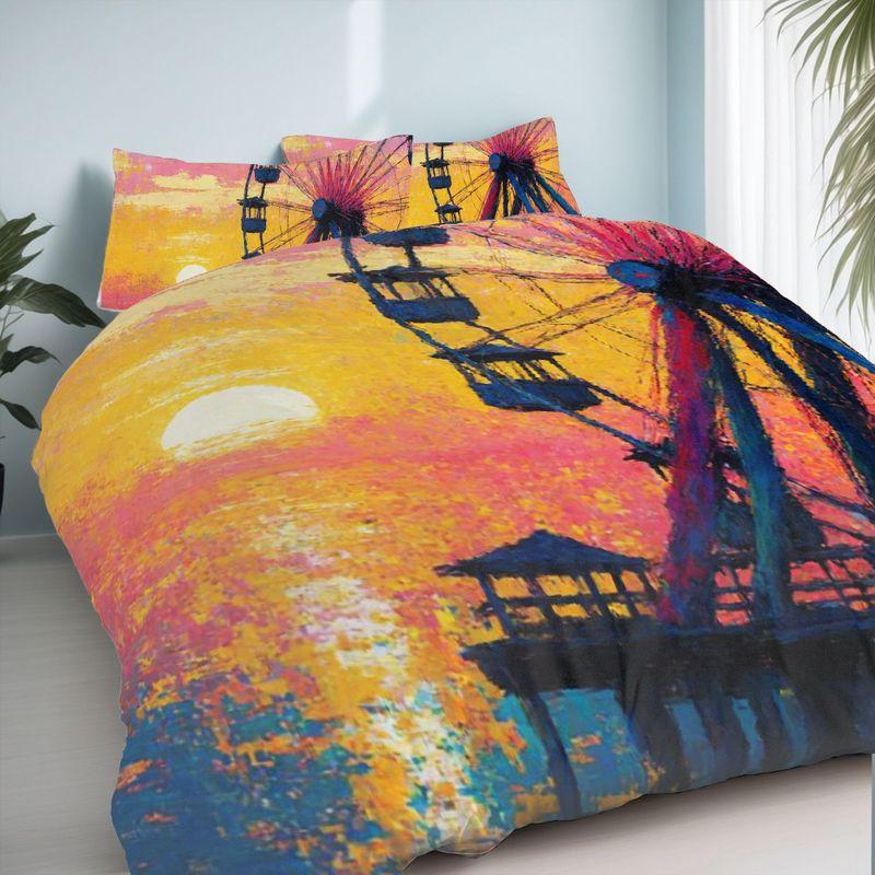 3Pcs Bedding Pillowcase Quilt Cover Set Sunset Seaside Ferris Wheel Watercolor Style Pattern For Bedroom Hotel Dormitory Decor