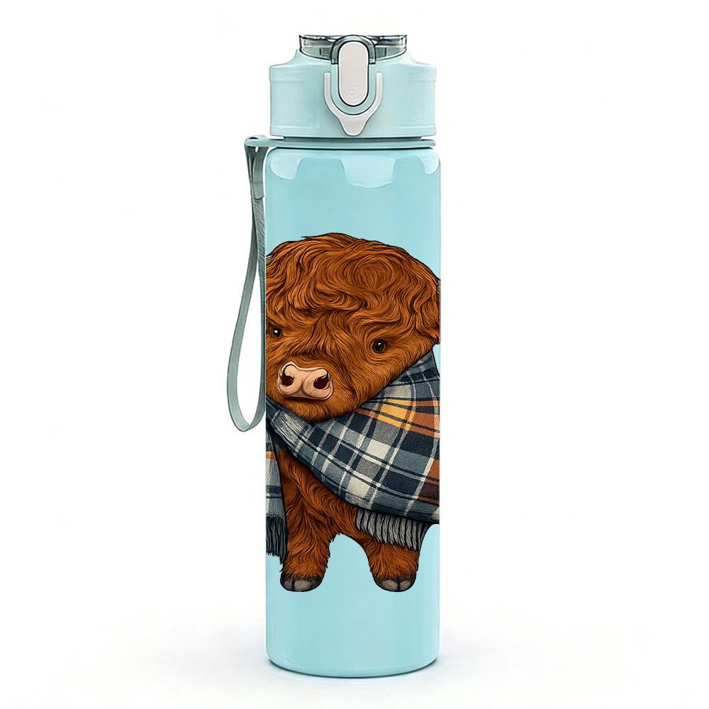 1PC Plaid Highland Cow 750ml Color Plastic Sports Water Bottle Leakproof Flip Straw Lid Suitable for Sports Office Home Use
