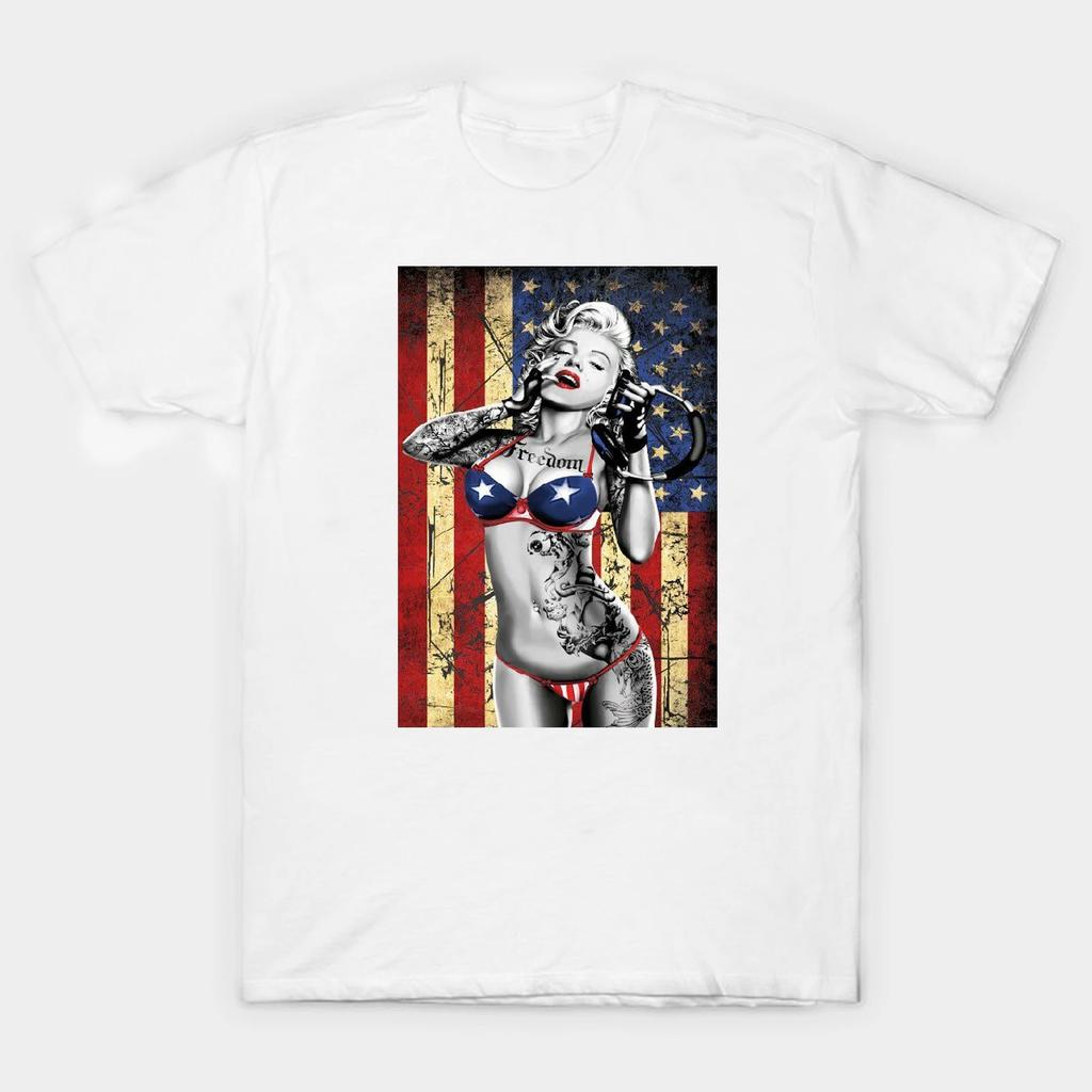 Freedom US Flag DJ Music Gangsta Sexy Tattoos Marilyn Monroe T-Shirt. Summer Cotton Short Sleeve O-Neck Mens T Shirt New S-3XL