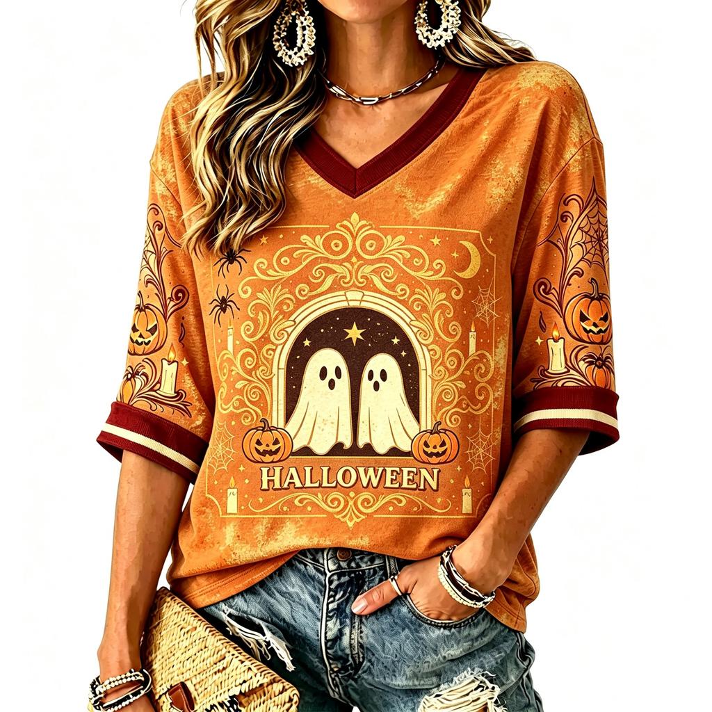 Women's Fashion Casual Halloween Print V-Neck T-Shirt
