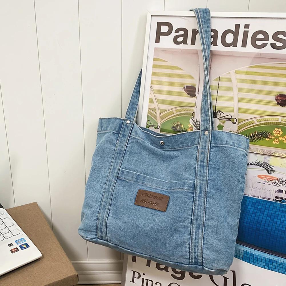 Женская Винтажная Сумка на Плечо Большой Вместимости Джинсовая Сумка-Клатч Однотонная Женская Ежедневная Сумка для Поездок
