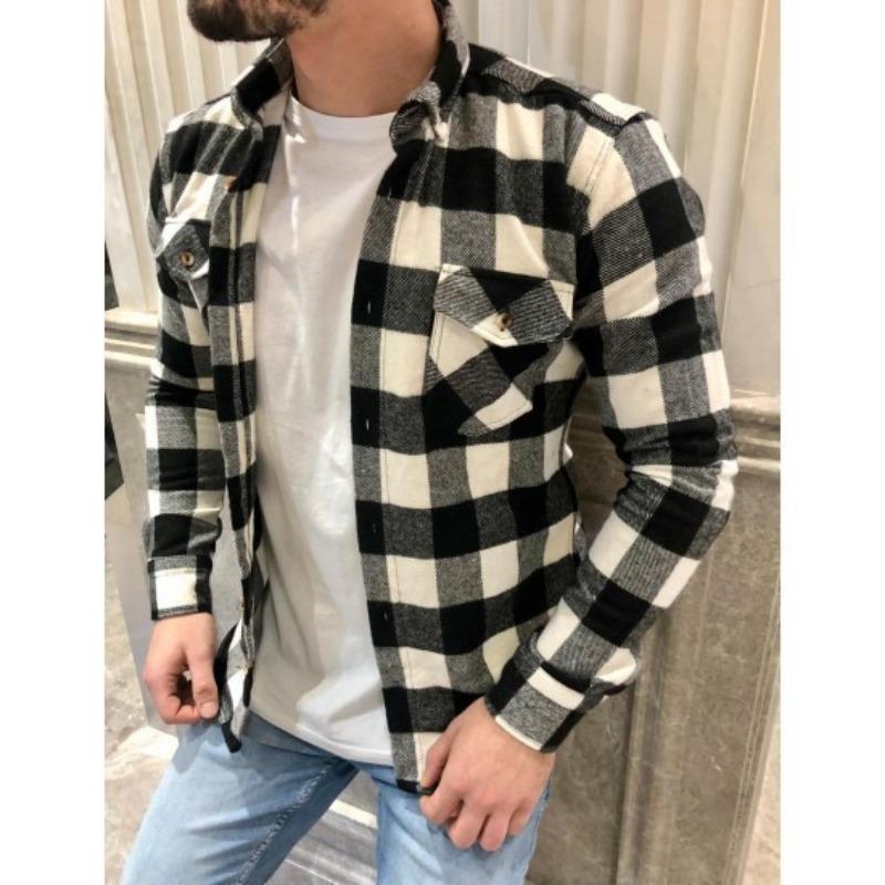 Camisa Casual de Hombre de Manga Larga a Cuadros con Cuello