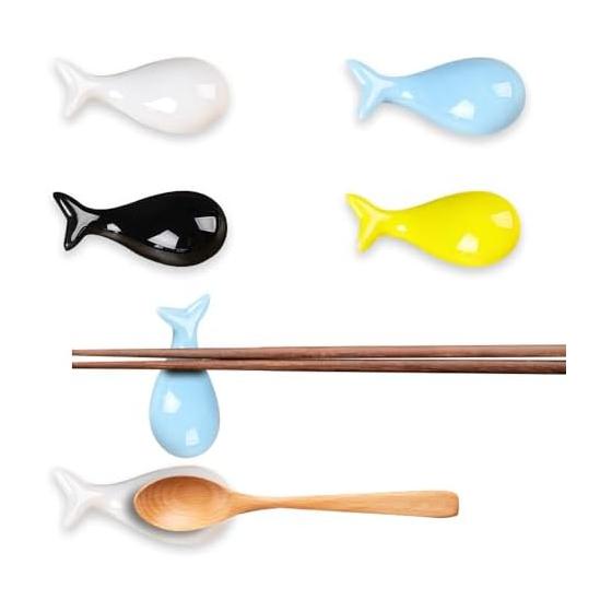 4-Piece Ceramic Chopstick Rests, Whale Shaped Spoon Holders, Cute Japanese Style Tableware for Kitchen and Dining, Hand-Painted Design, 6.5*3*2cm