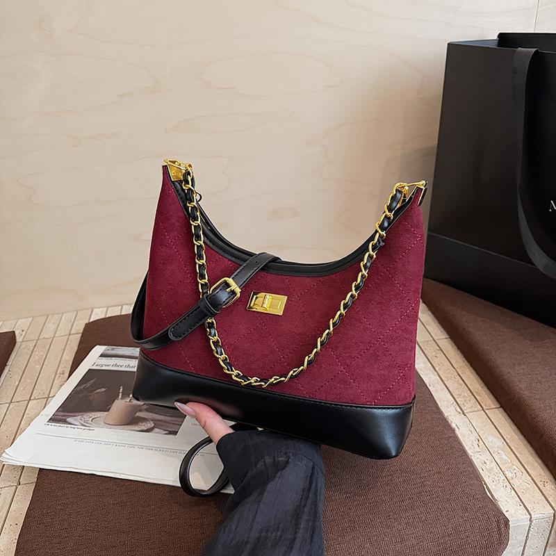 Vintage niche suede rhombus chain underarm bag 2025 women's autumn new shoulder bag popular messenger bag
