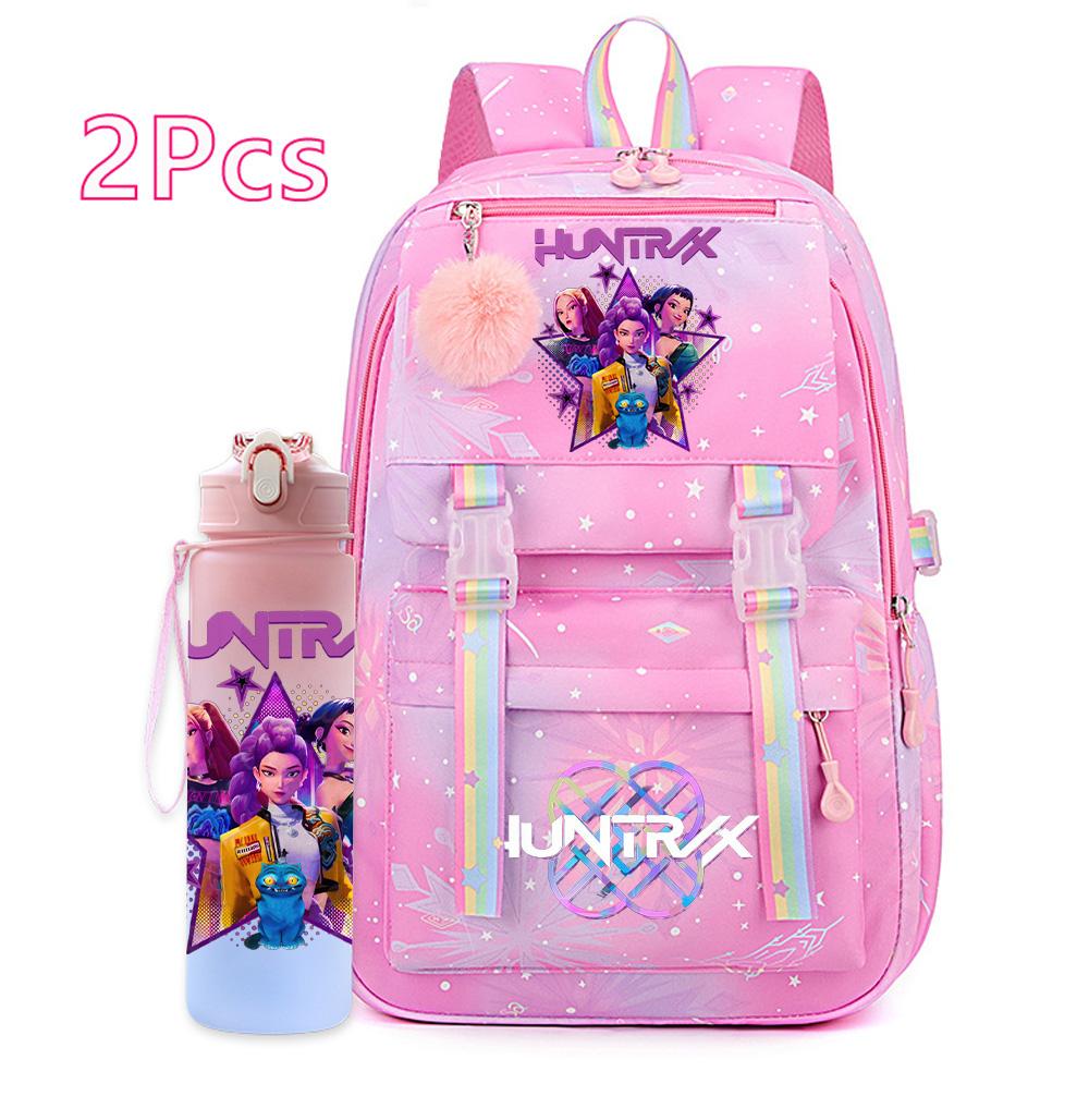2Pcs/set New Anime Kpop Printed Backpack with 750Ml Water Bottler Large Capacity Travel Bag for Teenager Girl Boy Bookbag Kid Gift Large Capacity Bag