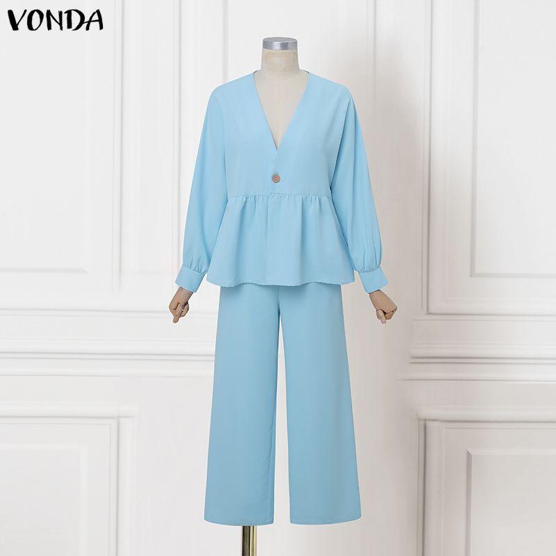 VONDA Two Piece Suit Women Deep V Neck Long Sleeve Blouse and Pants Casual Sets