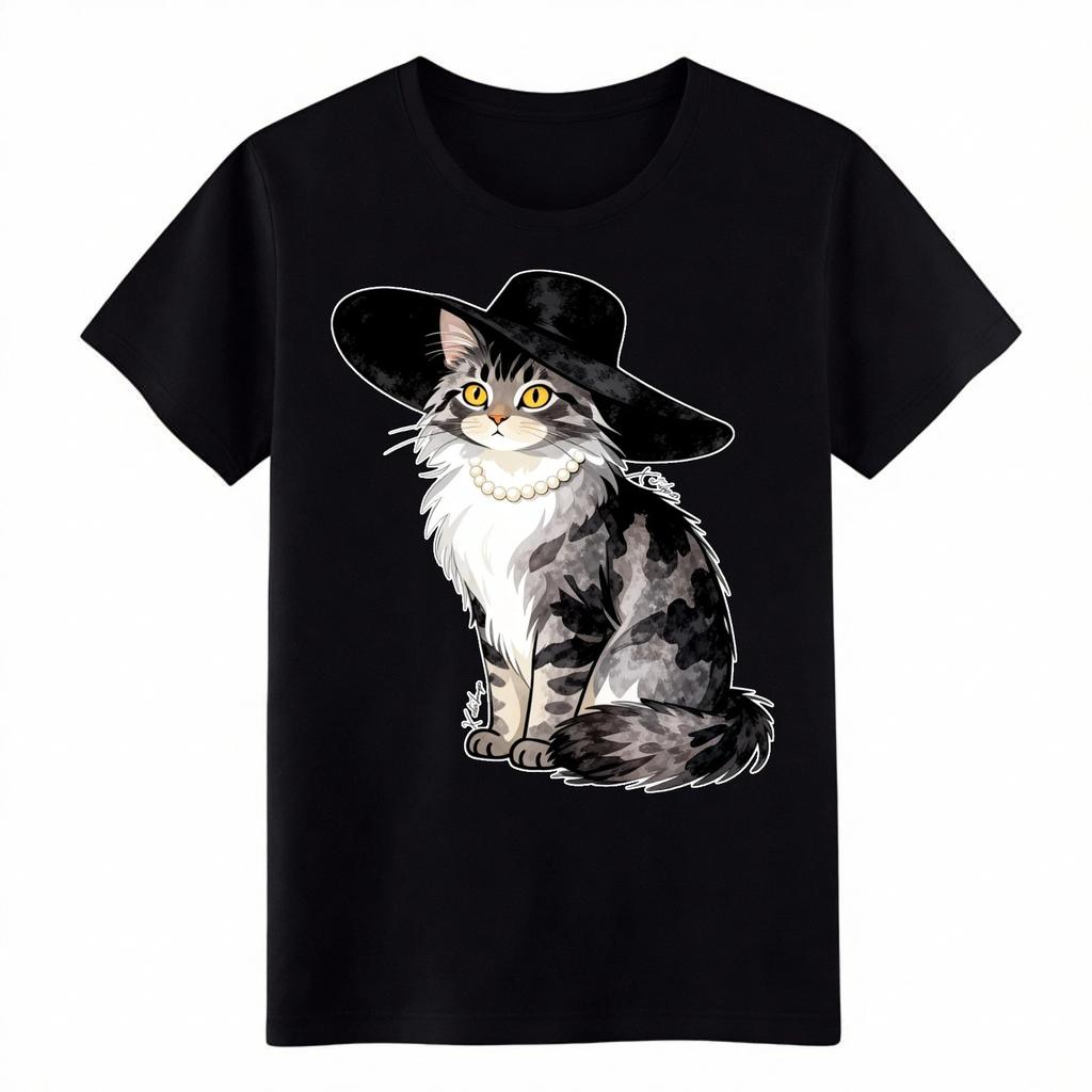 Classy Maine Coon Cat in Hat Pearl T-Shirt, Cute Cat Lover Graphic Tee