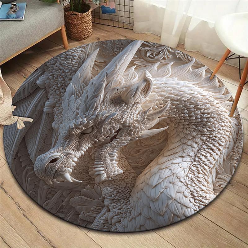 Stone Carving Leopard and Dragon Round Area Rug,Carpet Rug for Living Room Bedroom Sofa Playroom Decor,Non-slip Floor Mat