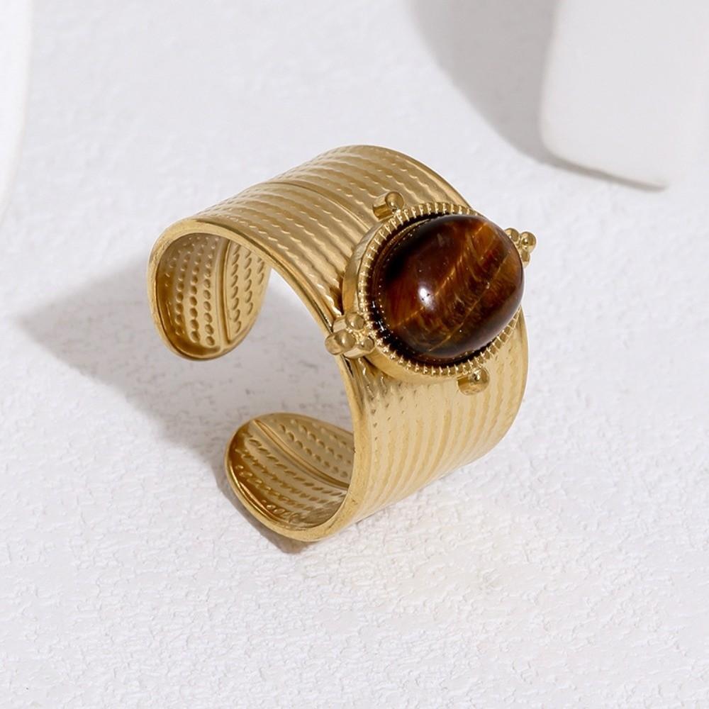 Metal Finger Open Rings Gold Color Geometric Rings Vintage Tiger Eye Stone Ring Women