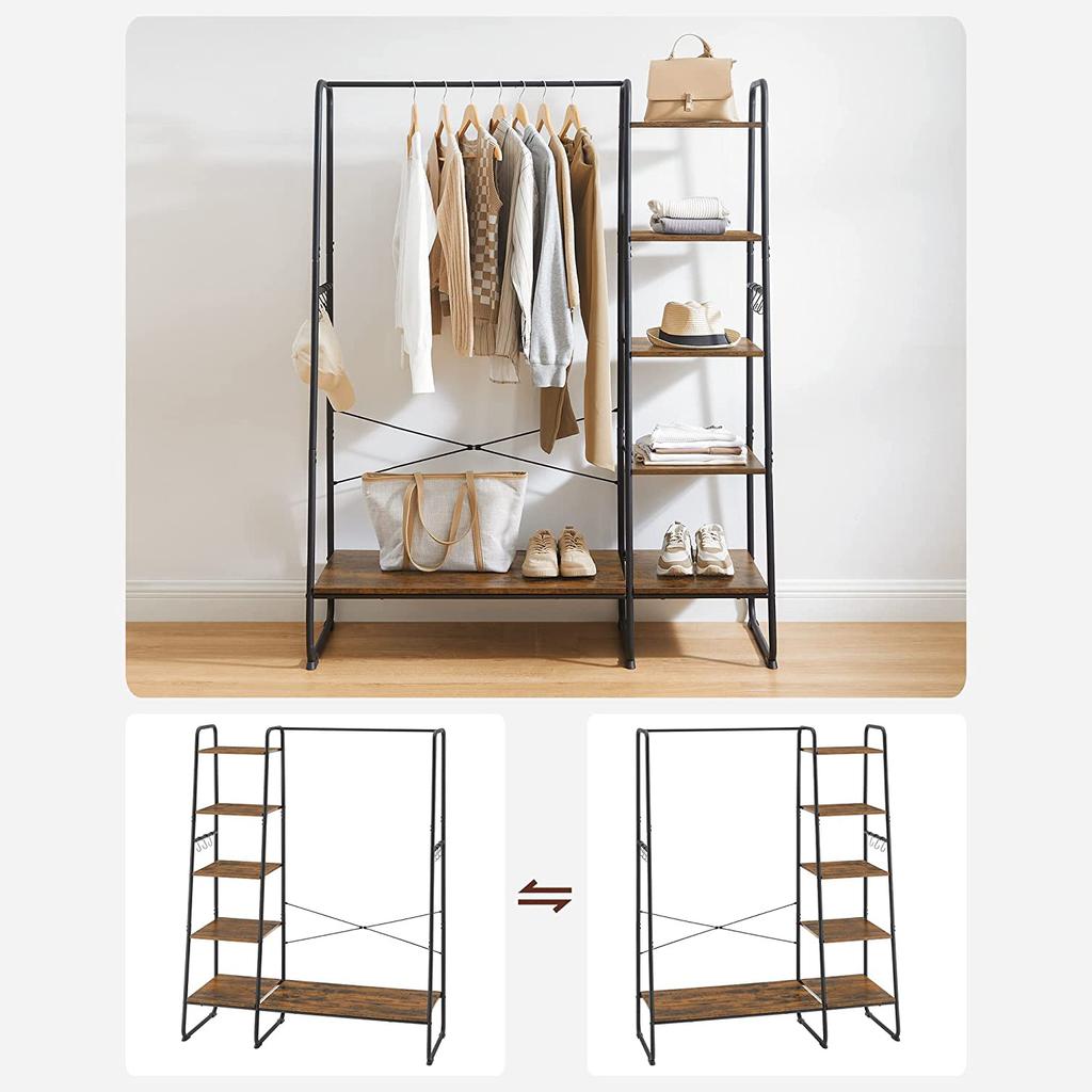VASAGLE Clothes Rail, Clothes Rack with Shoe Shelf, 5-Tier Storage Rack, 6 Side Hooks, for Bedroom, Living Room, Rustic Brown and Black