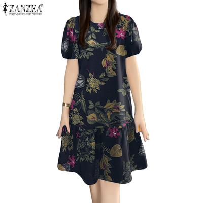 Women Casual Round Neck Summer Short Sleeve Print Cotton Dress