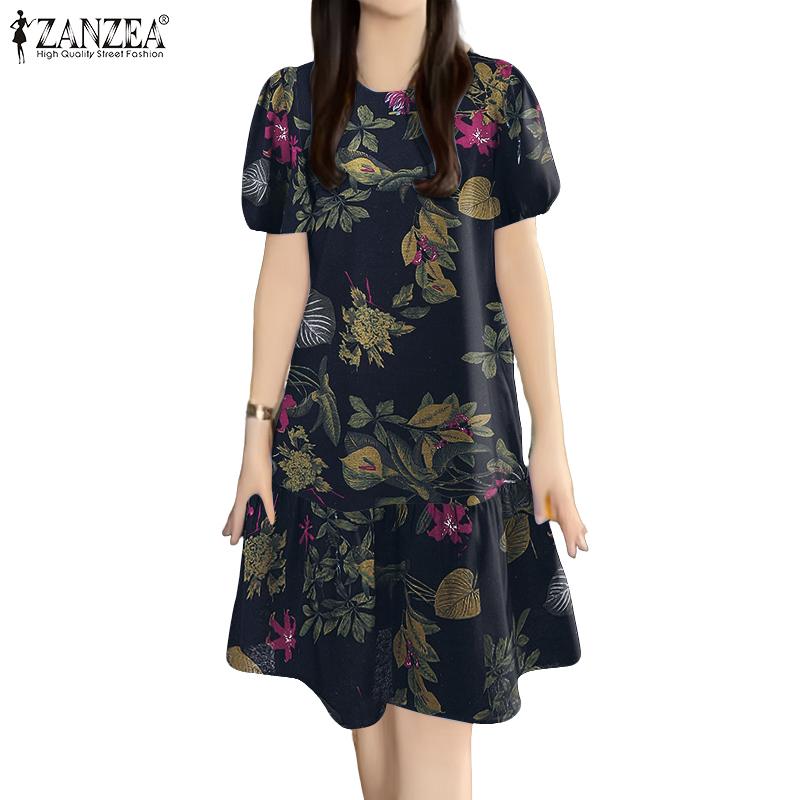 ZANZEA Women Casual Round Neck Summer Short Sleeve Print Cotton Dress