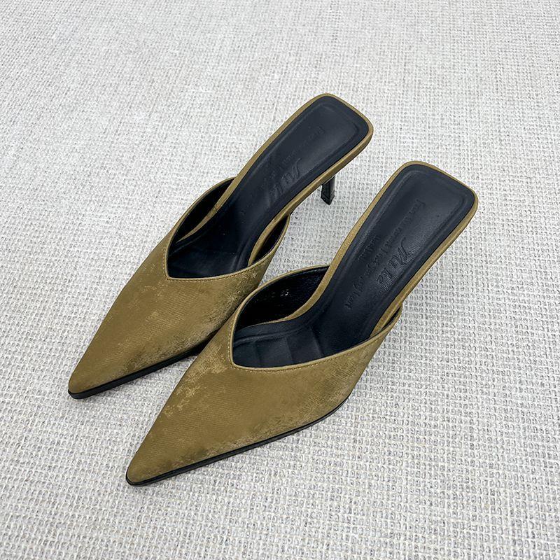 

Баотоу полушлепанцы женские с острым носком на шпильке и высоком каблуке 2025 новые сандалии с открытым верхом шлепанцы европейский и американский темперамент туфли Мюли 39 зелёный