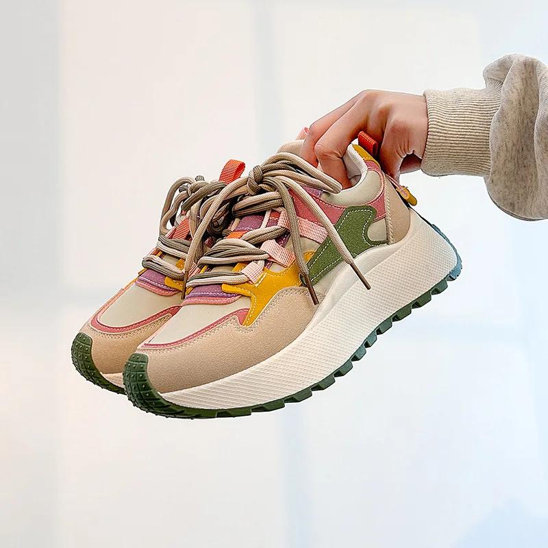 Dad's shoes women's summer and autumn height increasing casual breathable thick sole color blocked travel versatile shoes