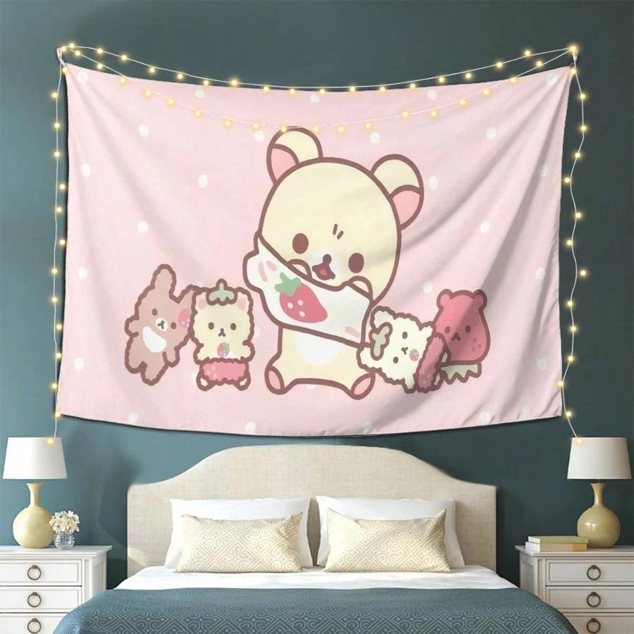 1pc Kawaii Strawberry Bear Tapestry  Polyester 2D Print Pink Polka Dot  Cute Animal Design Perfect Wall Decor Gift for Bedroo