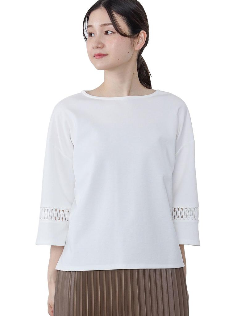 Beams Heart Tee with Lace Sleeves and Ponte Off One Size Women's L/S Pullover, White,