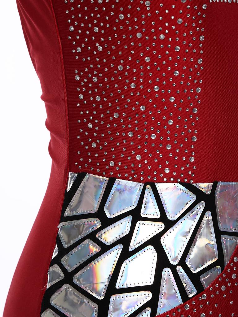 Womens Gymnastics Leotard Sleeveless Cutout Back Design Shiny Rhinestones Metallic Sequins Figure Skating Bodysuit