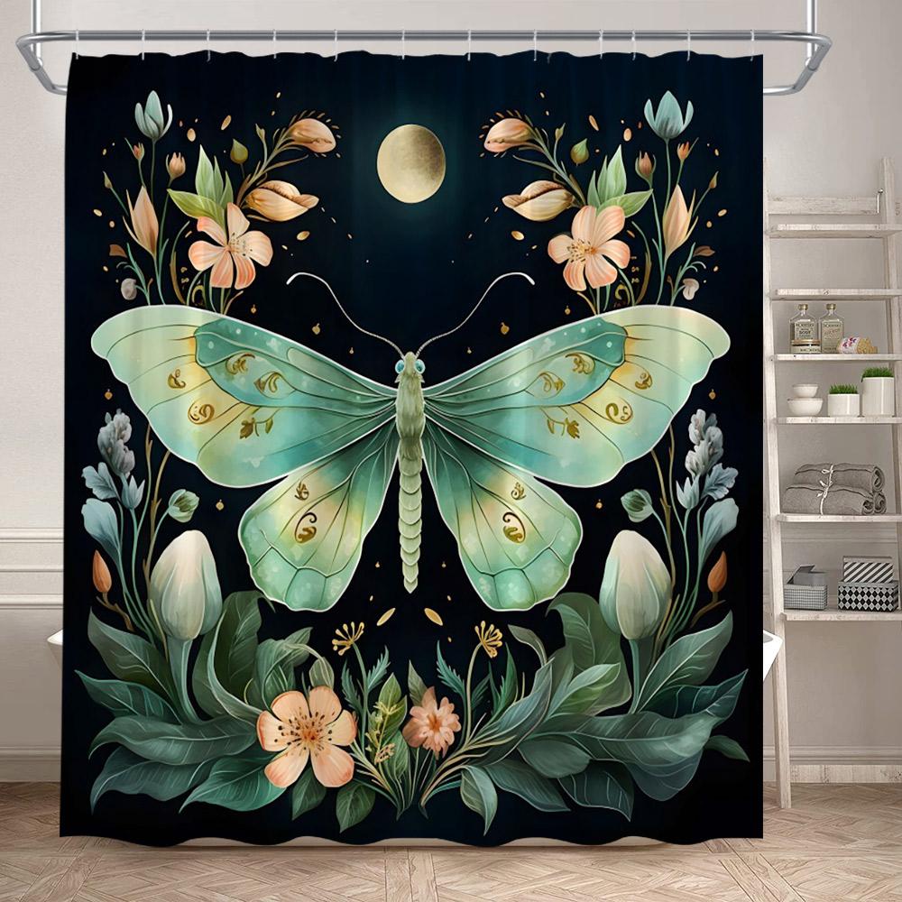 Rustic Floral Moth Shower Curtains Vintage Boho Art Dragonfly Flowers Green Plants Bathroom Curtain Polyester Fabric Home Decor