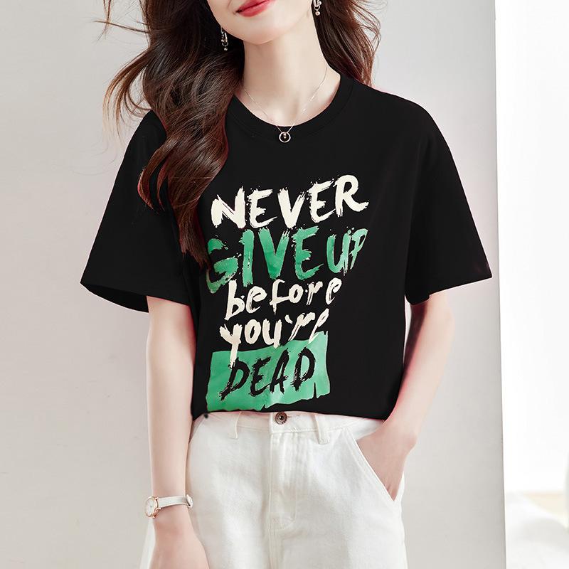 Summer Latest Cotton Short-sleeved T-shirt Womens Commuter Relaxed Fit Crew Neck Top XXL чёрный