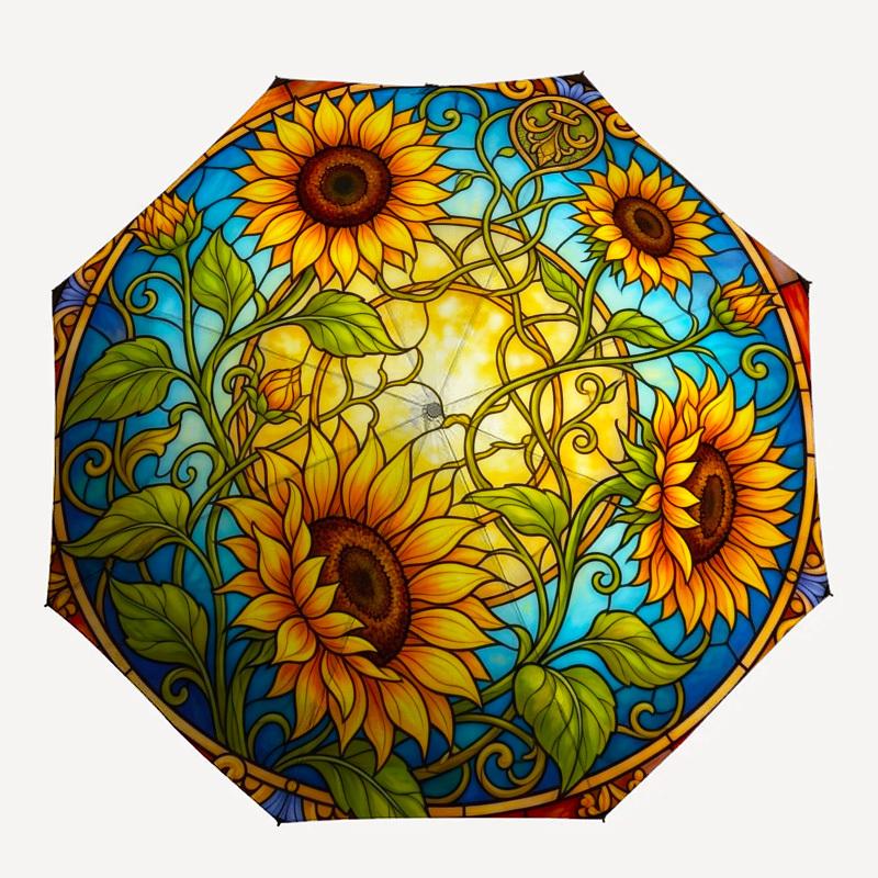 

1pc Sunflower Stained Glass Artwork Umbrella with Plastic Handle,Compact & Stylish,Suitable for All Seasons YS331046