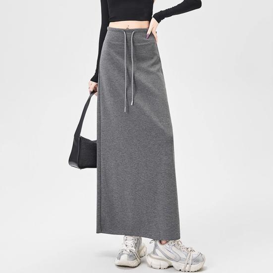 Women Sport Skirt High Waisted Adjustable Drawstring Long Skirt with Hem Slit Pure Color Slimming Design Casual Athletic Skirt