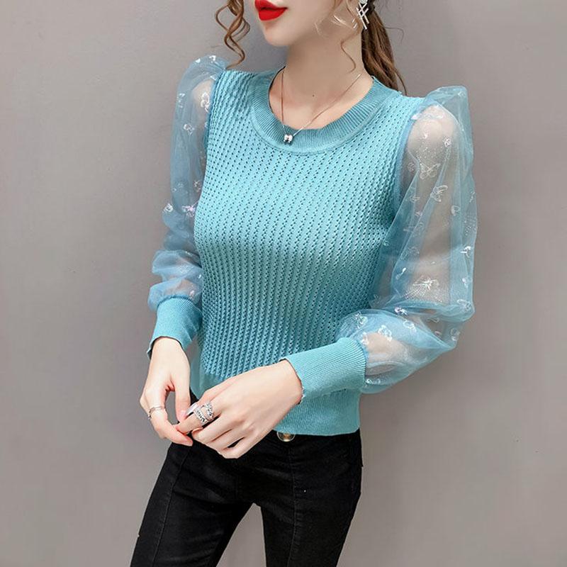 Women's Spring and Autumn Long Sleeve Puff Sleeve Bottoming Shirt Round Neck Slim Top