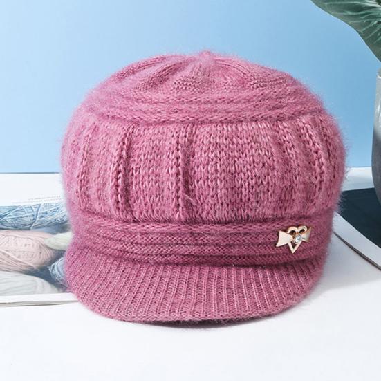 Mid-aged Women Winter Hat Thickened Knitted Elastic Short Brim Heart Rhinestone Decor Pure Color Windproof Warm Head Protection Lady Cap