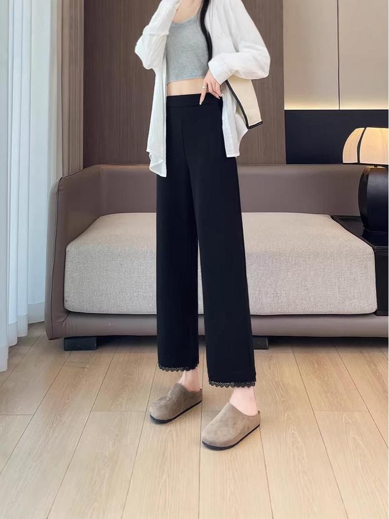 Korean Style High Waist Slimming Lace Trim Wide-Leg Pants for Women - Spring/Autumn Casual Nine-Point Length