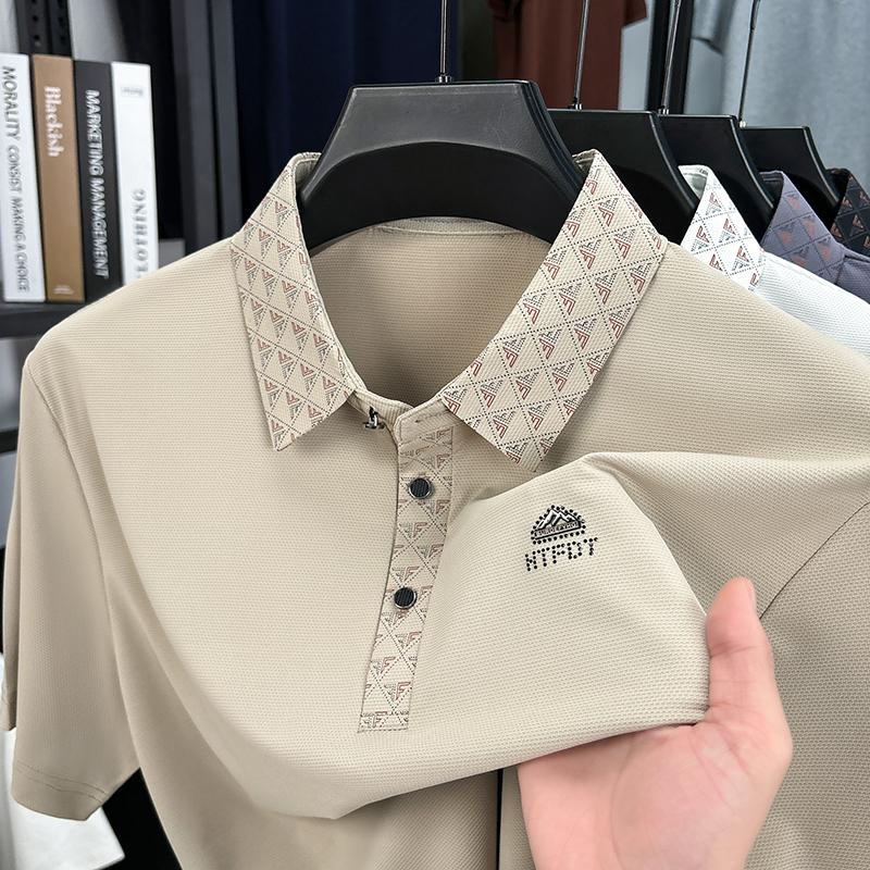 Light Luxury Summer Business and Leisure Dad's Dress Flip Collar Ice Silk Half Sleeve Printed Bottom Polo Shirt