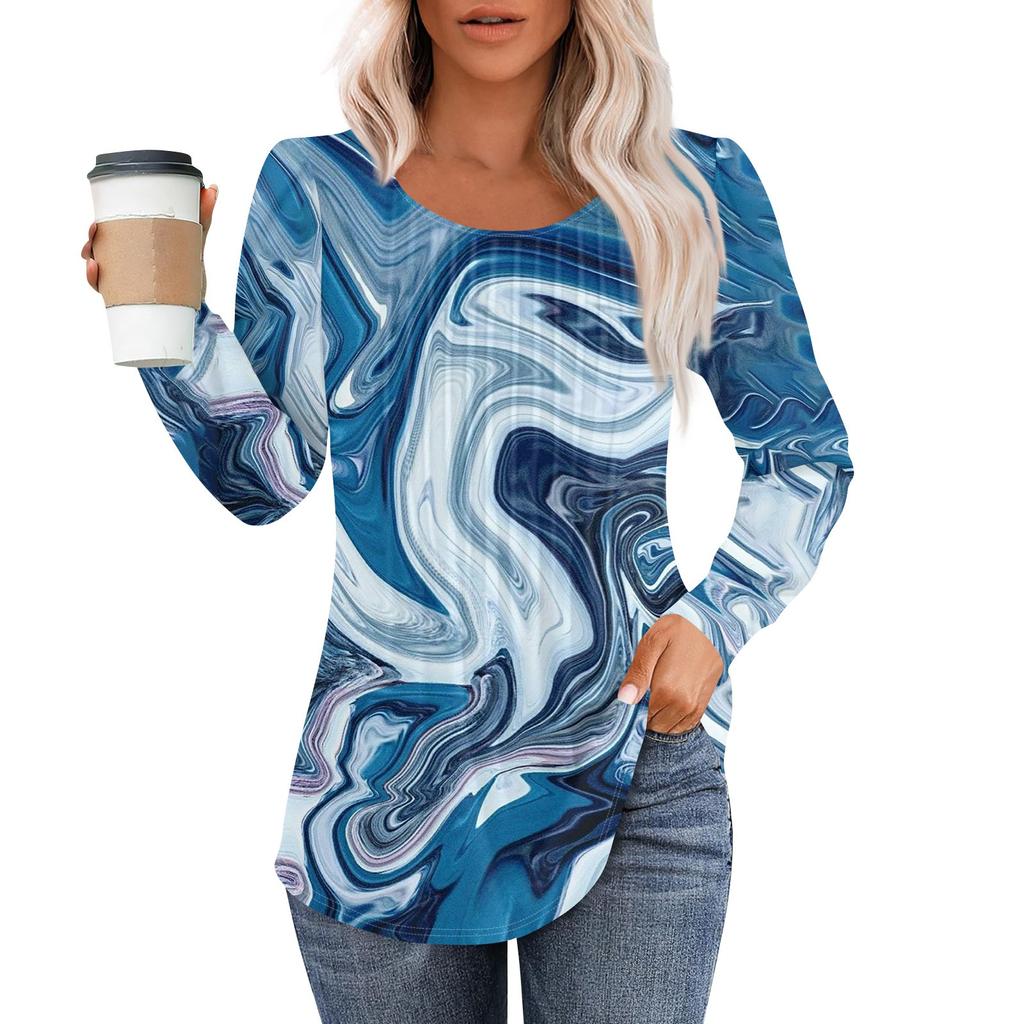 Camisas de manga comprida para mulheres, blusas casuais elegantes, plissadas, gola redonda, túnicas, tops