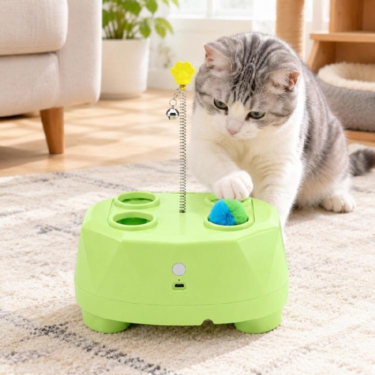 Indoor Play Device with Extending Lower Attachment, Moving Ball, Spring Attachment, and 4 Top Openings for Play