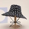 Women's Foldable Heart Print Bucket Hat Casual Sweet Fisherman Cap with Rope Bow Summer Sunshade Hat