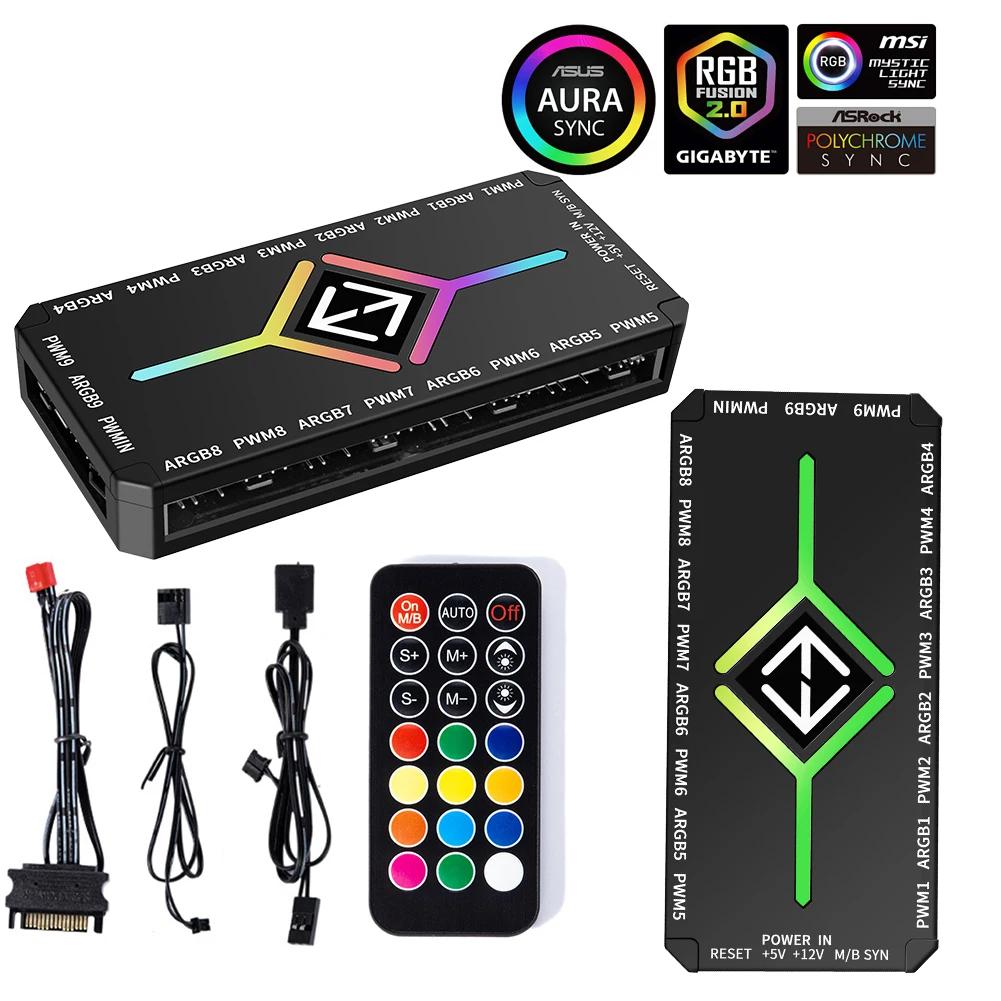 PC Cooling Fan Hub 5V 3 Pin ARGB Controller with PWM Temperature Control for Gaming PC RGB Effects and Wireless Remote Support