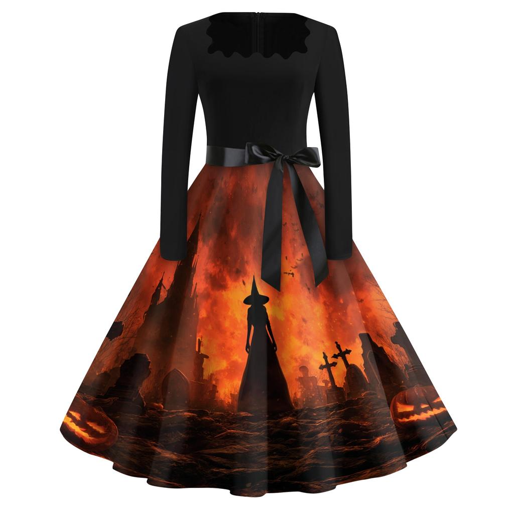 Women's Vintage Square Neck Casual Dress with Halloween Print for Fall Occasions