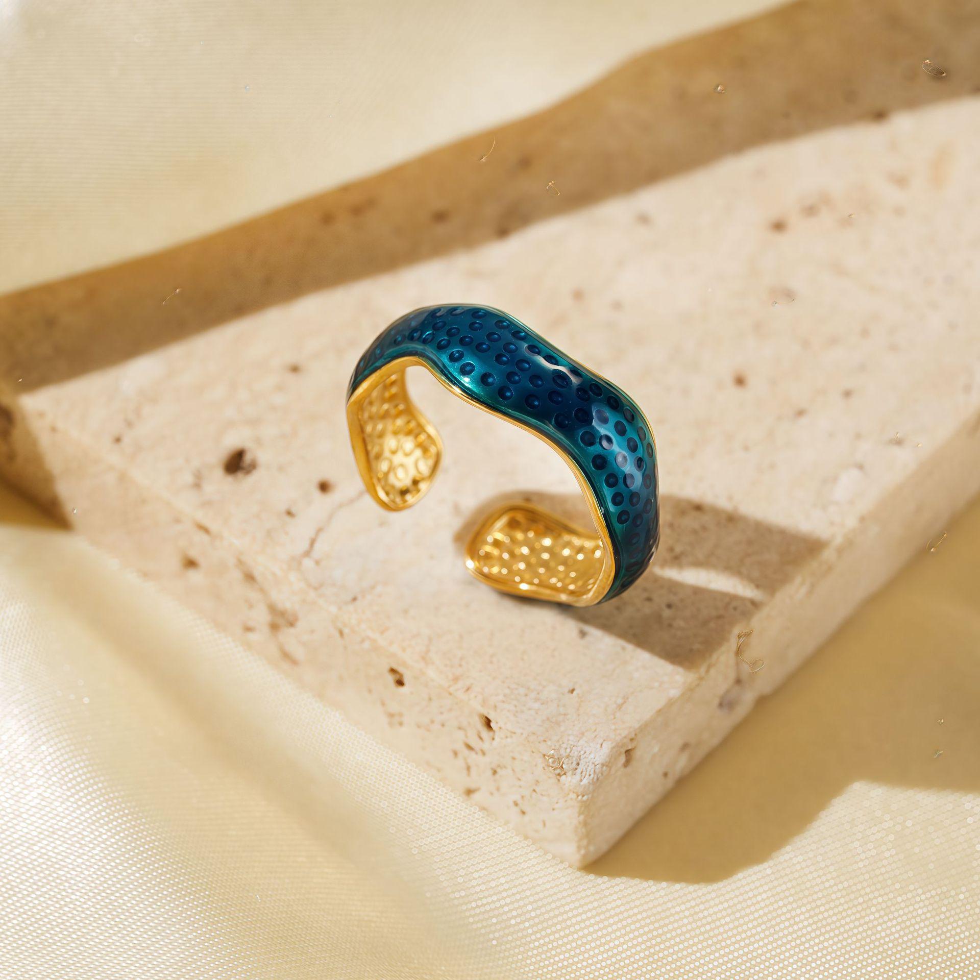 French Wave Geometric Titanium Steel Ring: Colorful, Irregular Design