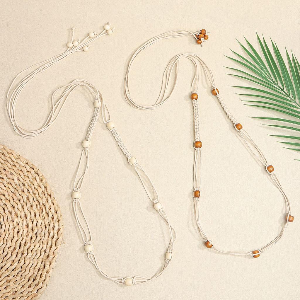 Bohemian Braided Waist Belt Decorative Waist Chain for Women Adjustable Cotton Thread Belt with Wood Beads